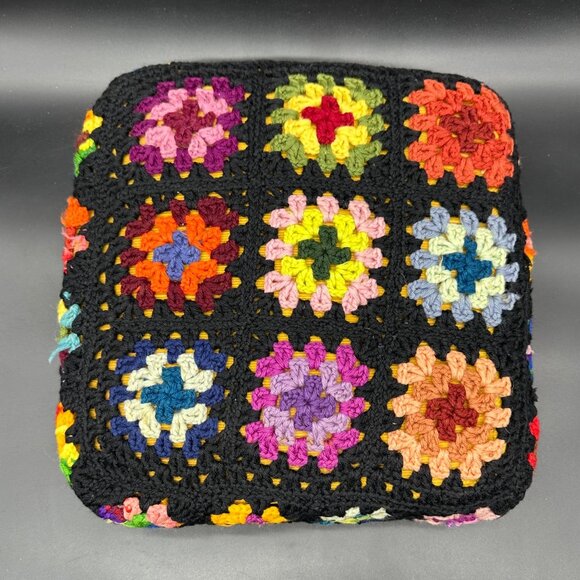 Vintage Granny Square Crochet Throw Pillow Rainbow Black Handmade Decorative - Picture 3 of 10